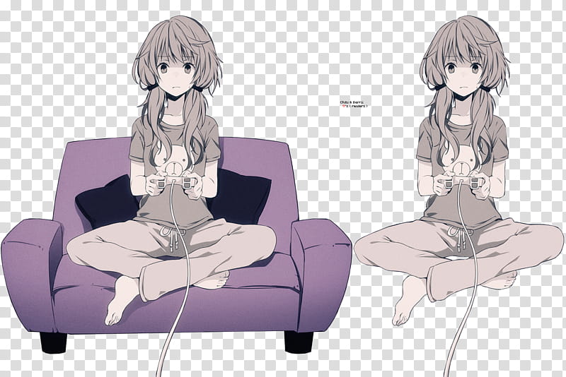 Anime Render , woman sitting on sofa chair holding controller transparent background PNG clipart