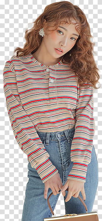 STYLENANDA, woman in red and beige striped long-sleeved shirt holding brown handbag transparent background PNG clipart