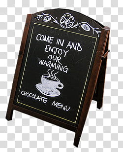 , Come in and enjoy our warming chocolate menu wooden sign transparent background PNG clipart