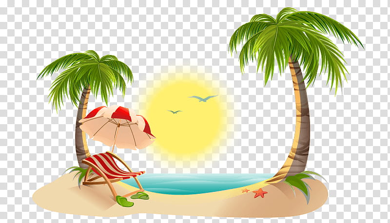 Palm tree, Cartoon, Hammock, Arecales, Tropics, Vacation, Coconut transparent background PNG clipart