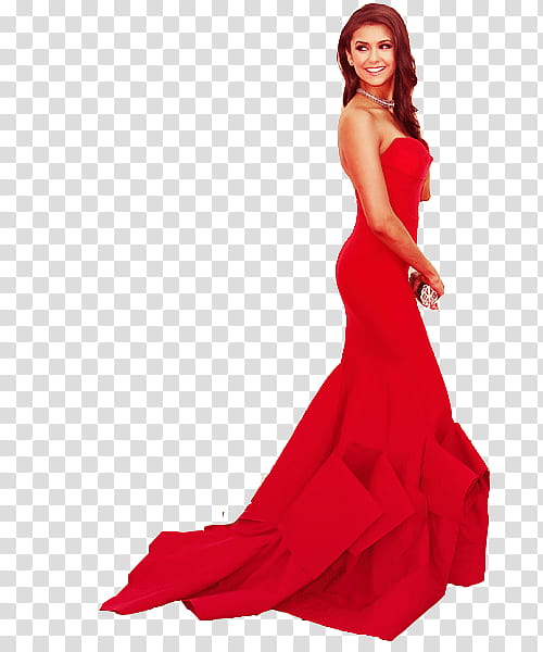 Nina Dobrev, standing woman wearing red strapless sweetheart dress transparent background PNG clipart