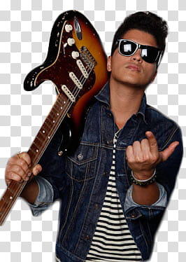 Bruno Mars, man wearing blue denim jacket holding electric guitar transparent background PNG clipart
