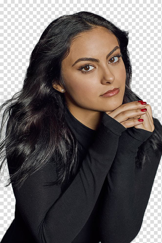 Camila Mendes, woman putting hands on chin transparent background PNG clipart