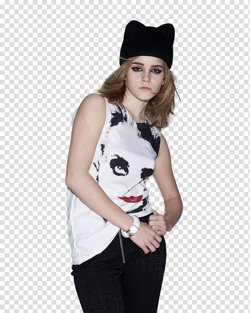 Emma Watson, woman in white sleeveless shirt and black knit beanie cap transparent background PNG clipart