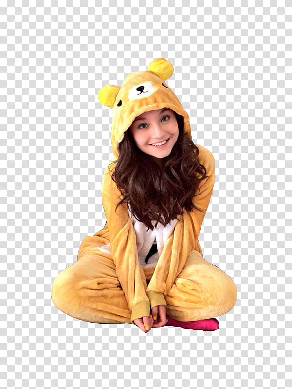 Karol Sevilla, woman sitting on floor wearing yellow-and-white hooded overalls transparent background PNG clipart