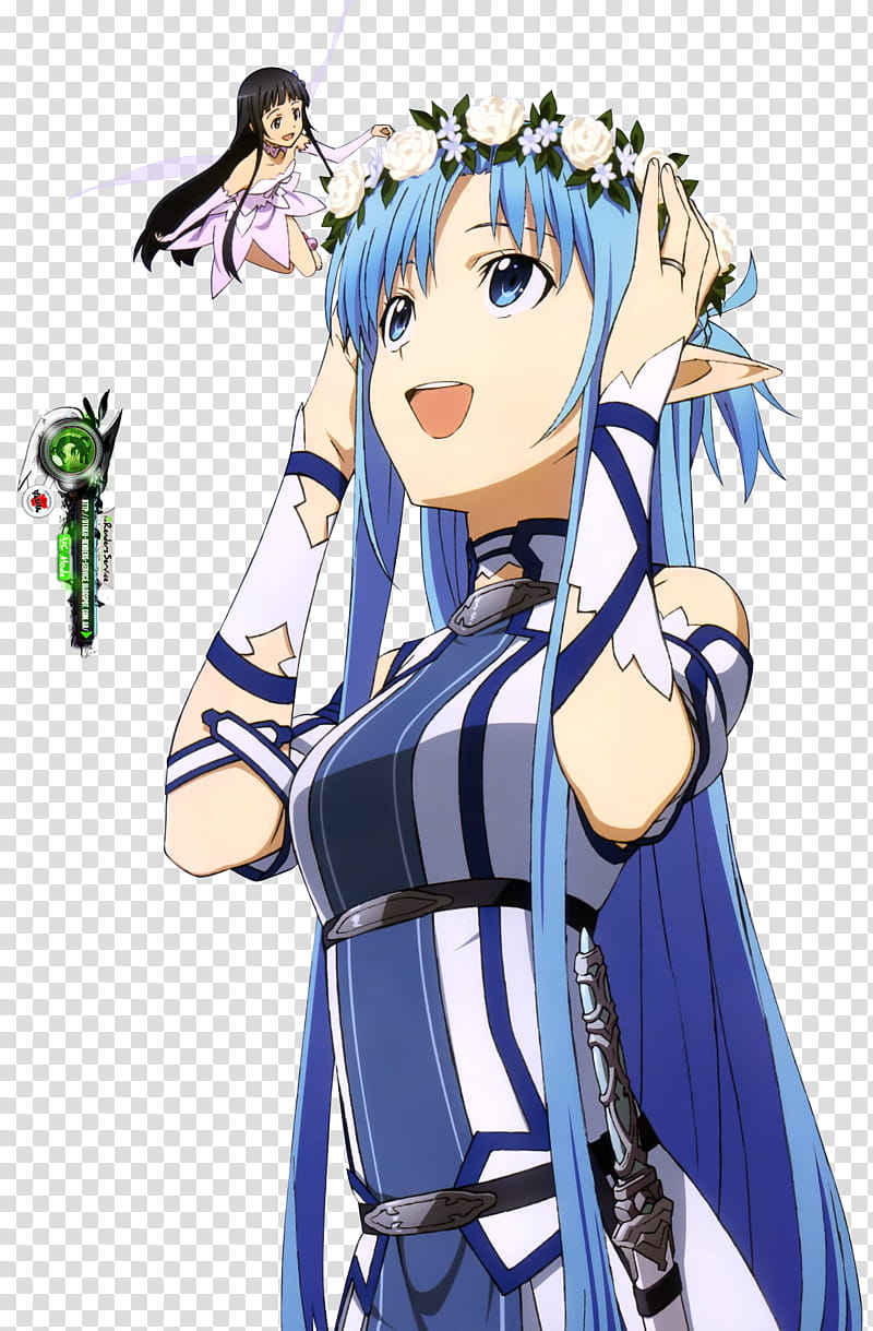 blue haired anime girl with sword