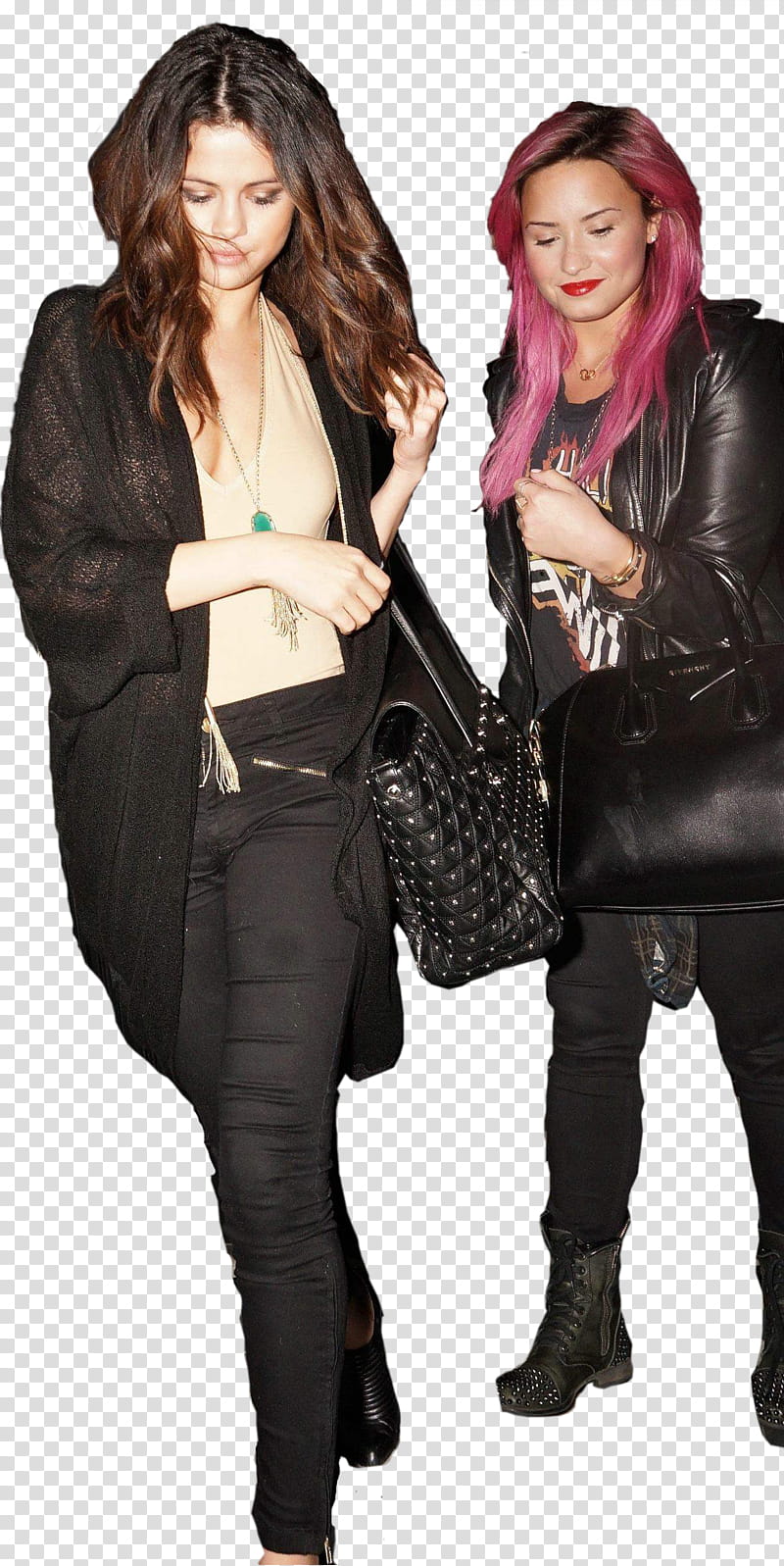 Delena, Selena Gomez and Demi Lovato carrying black handbags transparent background PNG clipart