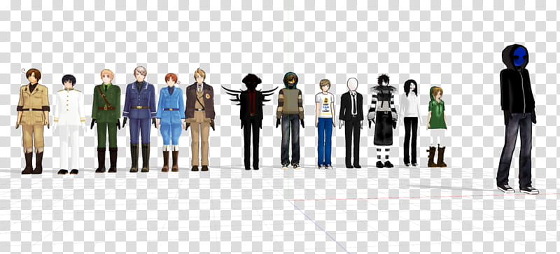 My MMD Models + Links, man in black top standing in front of lined men and women illustration transparent background PNG clipart