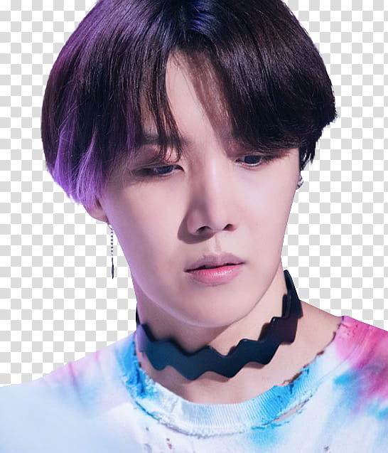BTS member wearing white and multicolored tie-dyed crew-neck shirt looking down transparent background PNG clipart