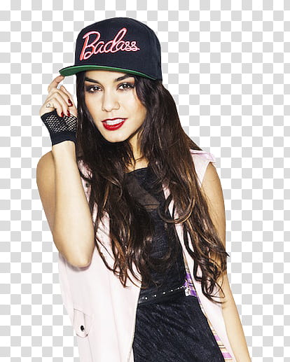 Vanessa Hudgens , woman staring at camera while putting her hand on black cap transparent background PNG clipart