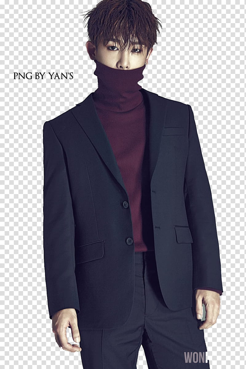 Monsta X Wonho, man wearing black suit standing transparent background PNG clipart
