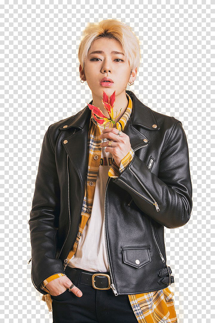 ZICO BLOCK B, man holding white petaled flower and wearing black leather jacket transparent background PNG clipart