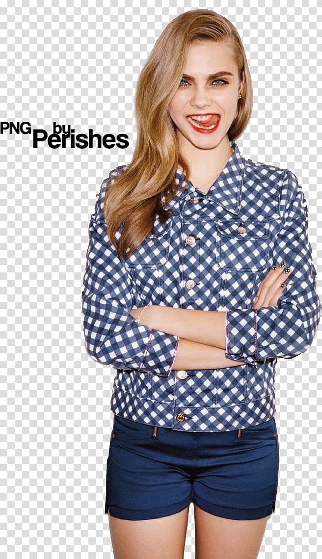 Cara Delevigne, woman wearing checkered western shirt showing her tongue transparent background PNG clipart