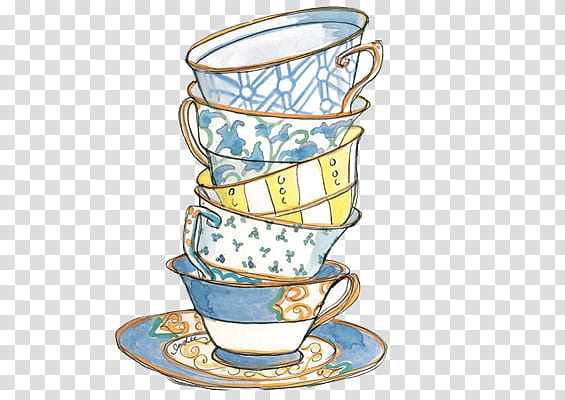 OO , multicolored teacups and saucer painting transparent background PNG clipart