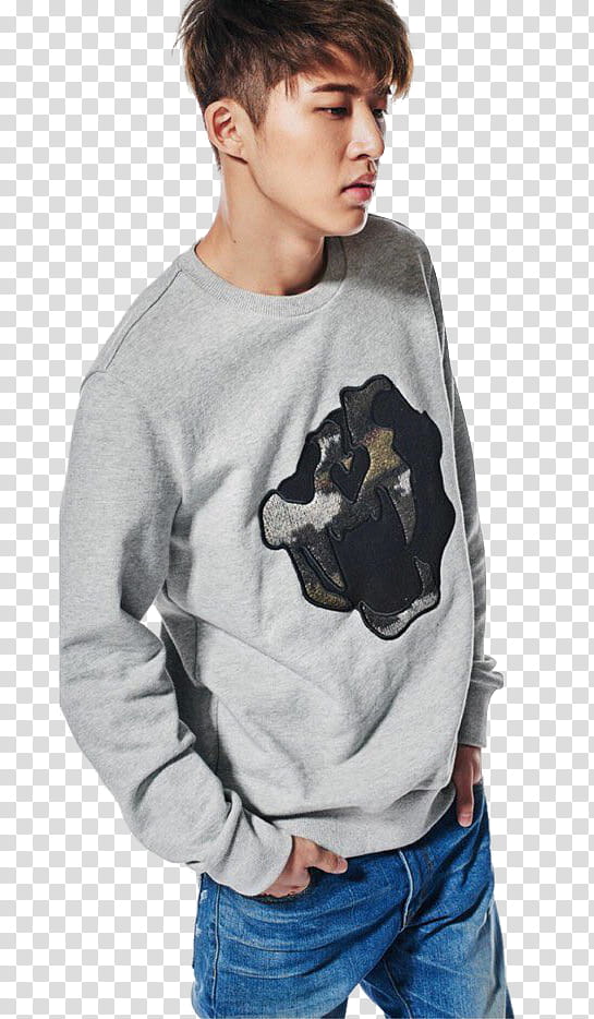 iKON B I n BOB, man wearing gray crew-neck sweatshirt transparent background PNG clipart