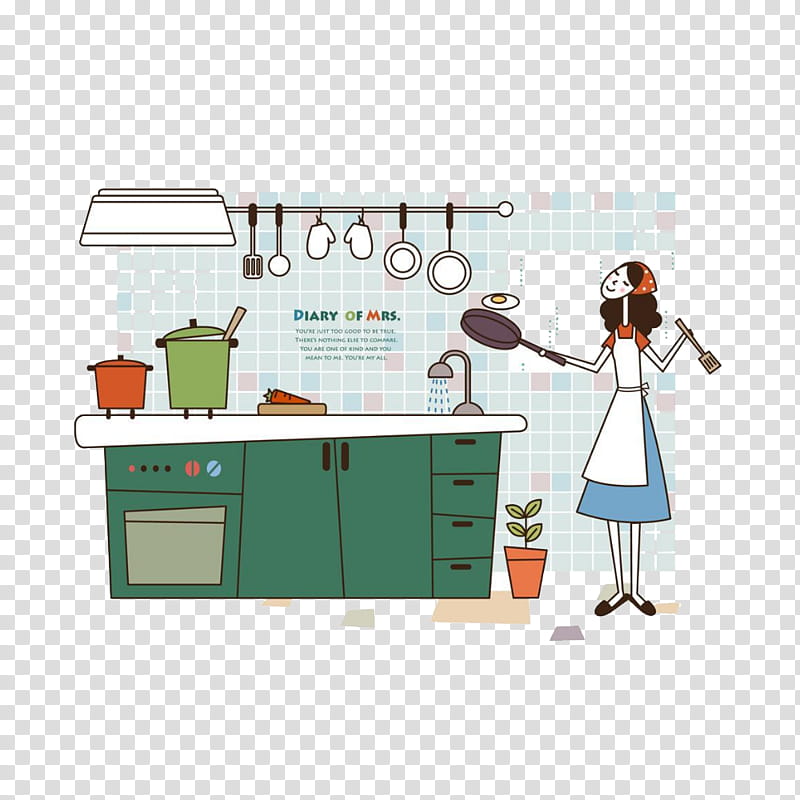 Woman, Cartoon, Cooking, Kitchen, Housewife, Homemaker, Furniture, Machine transparent background PNG clipart