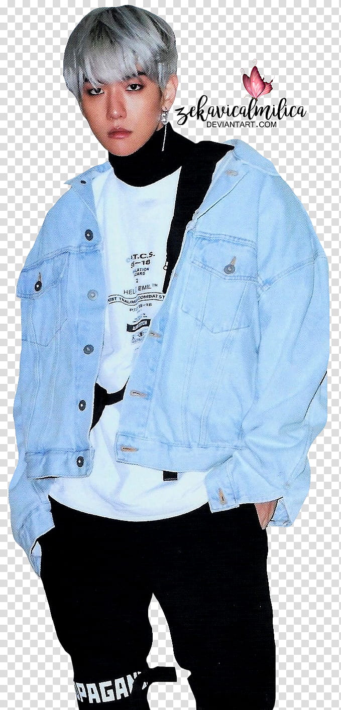 EXO CBX Baekhyun Blooming Days, man wearing blue button-up denim jacket transparent background PNG clipart