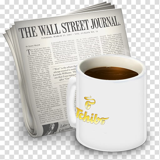 Newsreader Icons vol , Tchibo, The Wall Street Journal newspaper beside cup of coffee transparent background PNG clipart