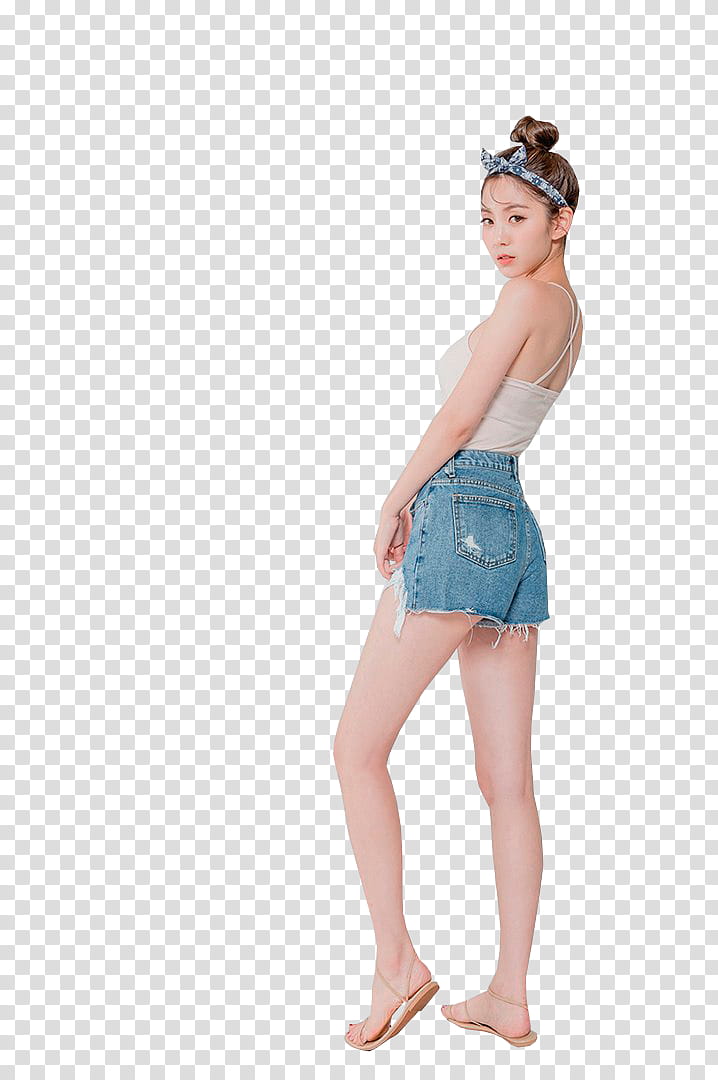 CHAE EUN, woman in white spaghetti strap top and blue denim shorts outfit transparent background PNG clipart