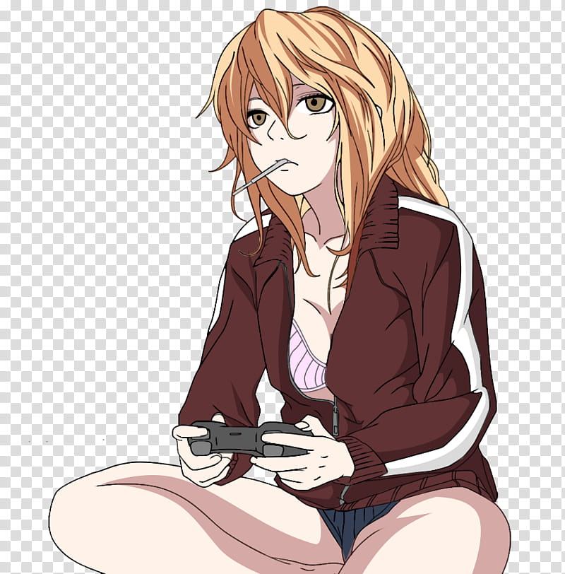 Sexy Gamer Girl, sitting blonde-haired woman wearing brown and white jacket holding game controller illustration transparent background PNG clipart