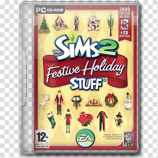 Game Icons , The-Sims--Festive-Holiday-Stuff, PC CD-ROM The Sims  case illustration transparent background PNG clipart