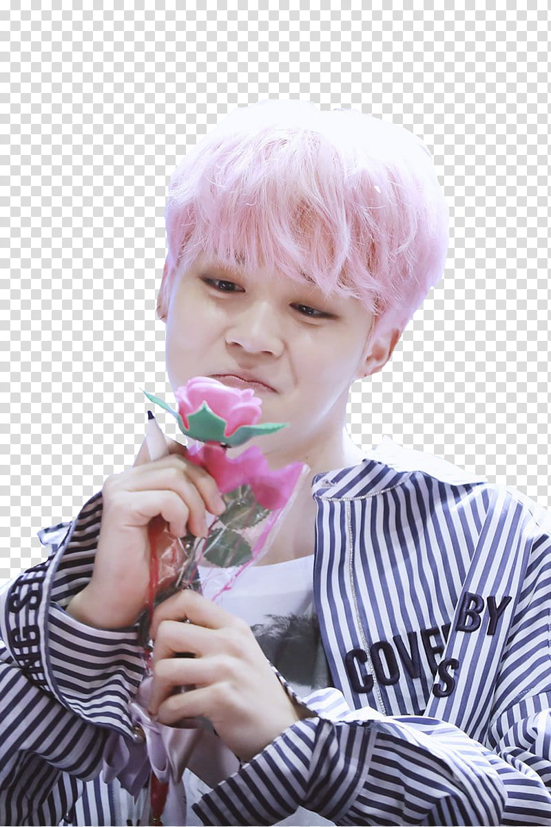 BTS Jimin ah, man holding pink rose transparent background PNG clipart