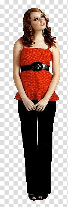 Emma Stone s, woman wearing red top and black pants transparent background PNG clipart