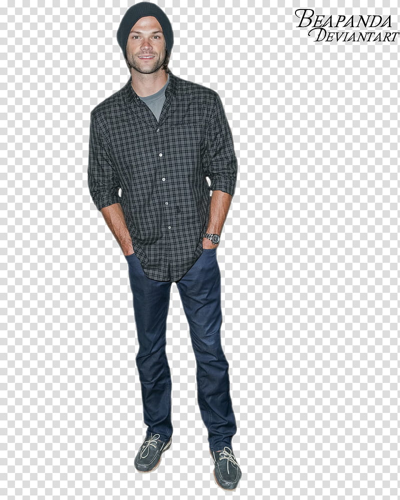 Jared Padalecki, man in black button-up shirt and blue jeans transparent background PNG clipart