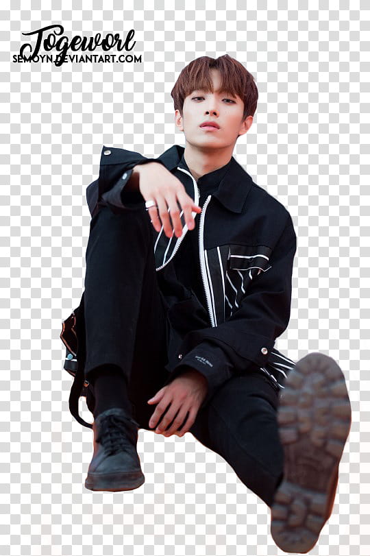 SEVENTEEN CLAP ERA, seated man wearing black zip-up jacket transparent background PNG clipart