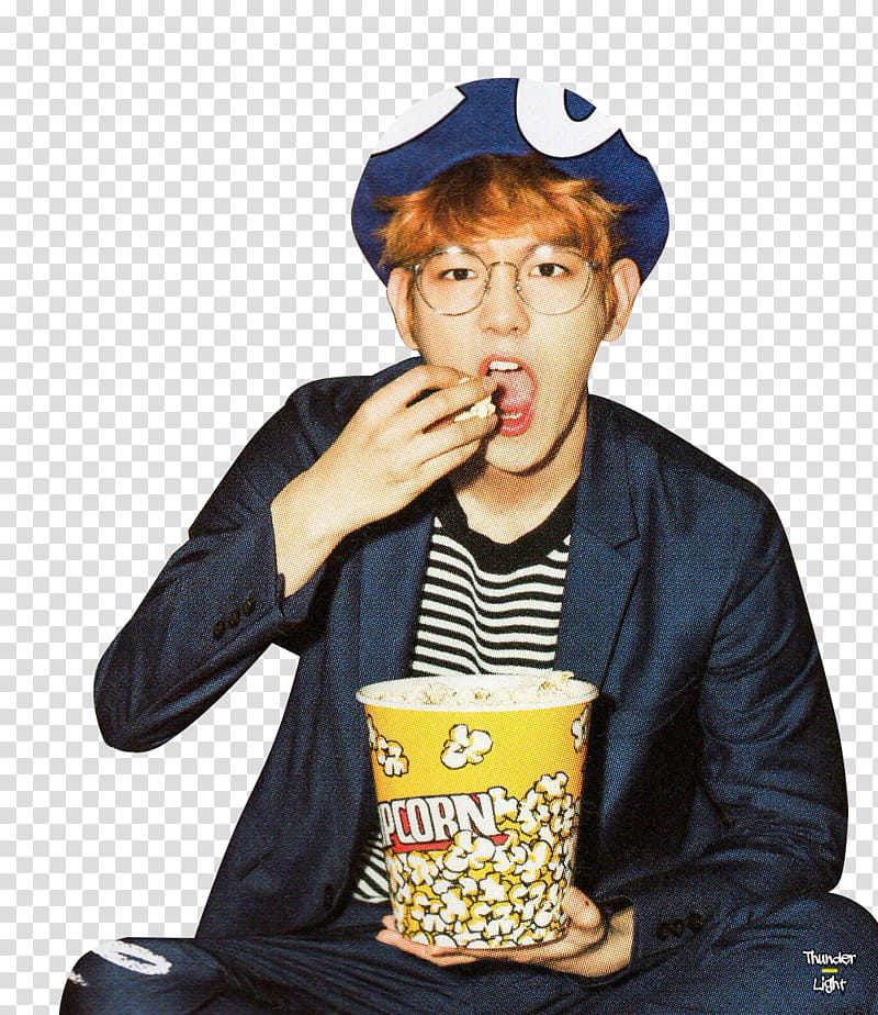 EXO CBX , man with eyeglasses eating popcorn transparent background PNG clipart