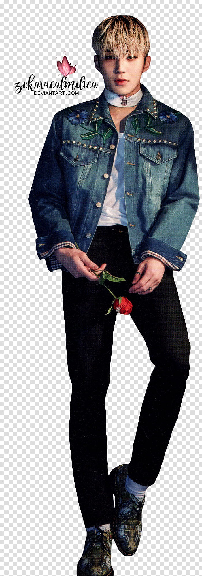 B A P Jongup Rose, man wearing blue jacket and black pants holding red rose flower transparent background PNG clipart