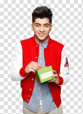 One Direction  s, young male wearing white and red letterman jacket holding green box transparent background PNG clipart
