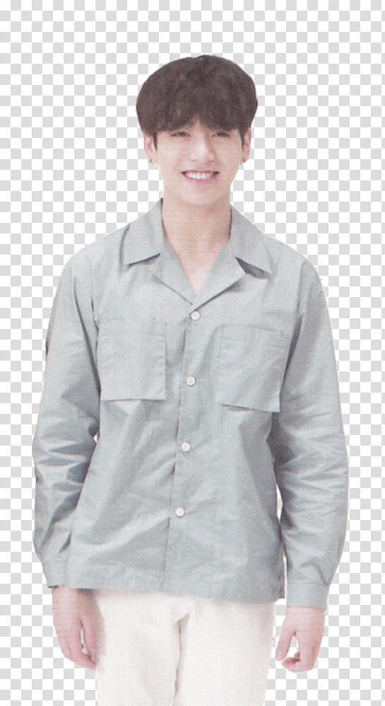 Jeon Jungkook , man wearing gray dress shirt and white bottoms smiling transparent background PNG clipart