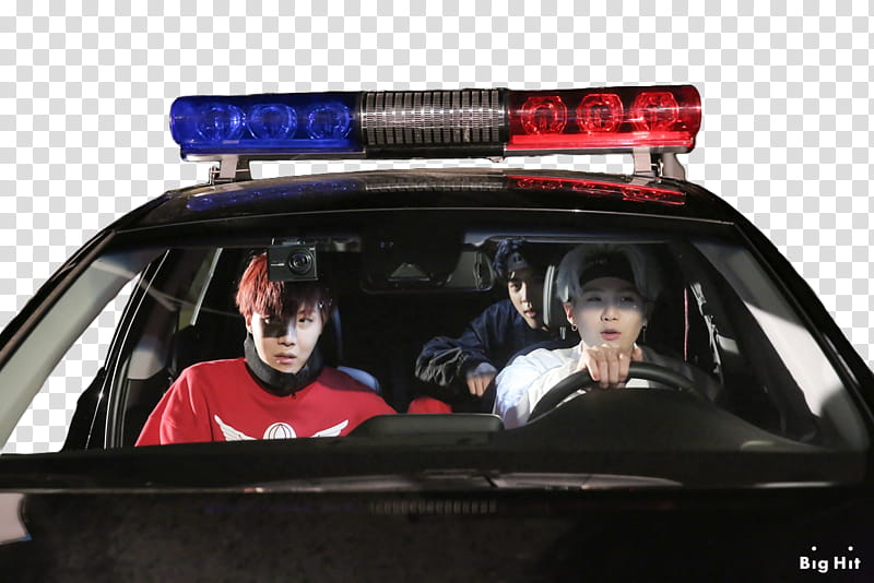 BTS Shooting for MIC Drop, three men inside police car transparent background PNG clipart