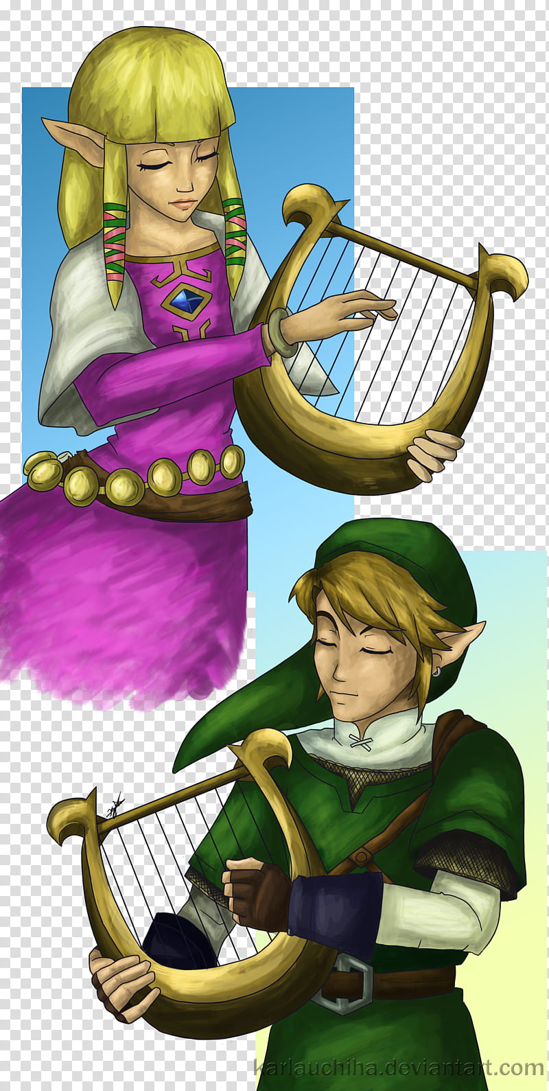 Zelda lullaby, two anime character playing harp illustration transparent background PNG clipart