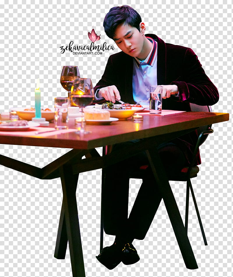 EXO Suho Dinner Do You Have A Moment, man in red jacket eating on the table transparent background PNG clipart