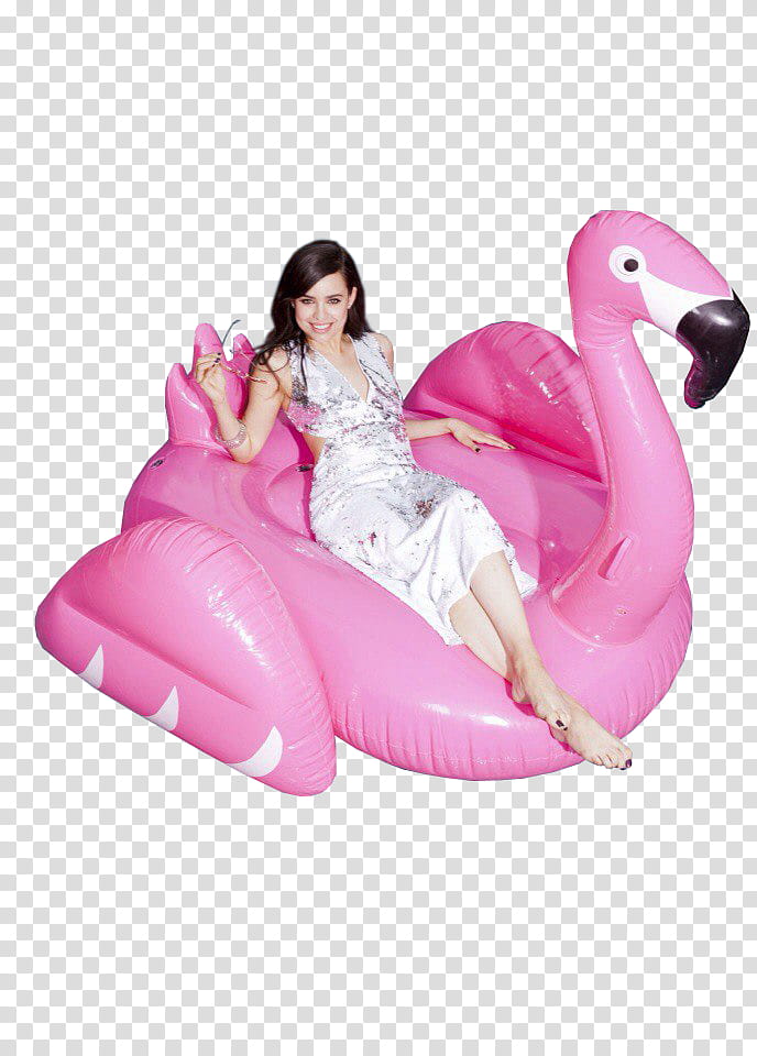 Sofia Carson , woman in white dress sitting on yellow flamingo inflatable floater transparent background PNG clipart