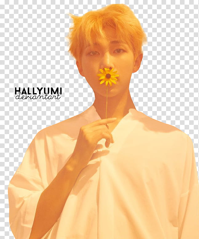 BTS HER O version, man in white suit holding yellow daisy flower transparent background PNG clipart