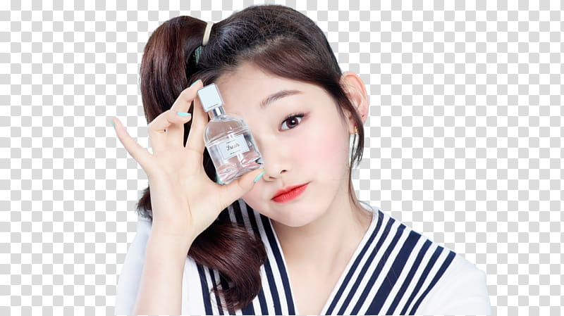 I O I Etude House P, woman holding clear glass bottle transparent background PNG clipart