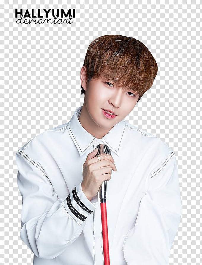 Wanna One, man holding gray microphone wearing white dress shirt transparent background PNG clipart