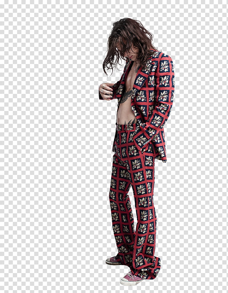 Harry Styles, man wearing red, white, and black pajama set transparent background PNG clipart