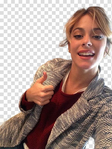 Martina Stoessel, woman wearing grey and white blazer and showing okay hand sign transparent background PNG clipart