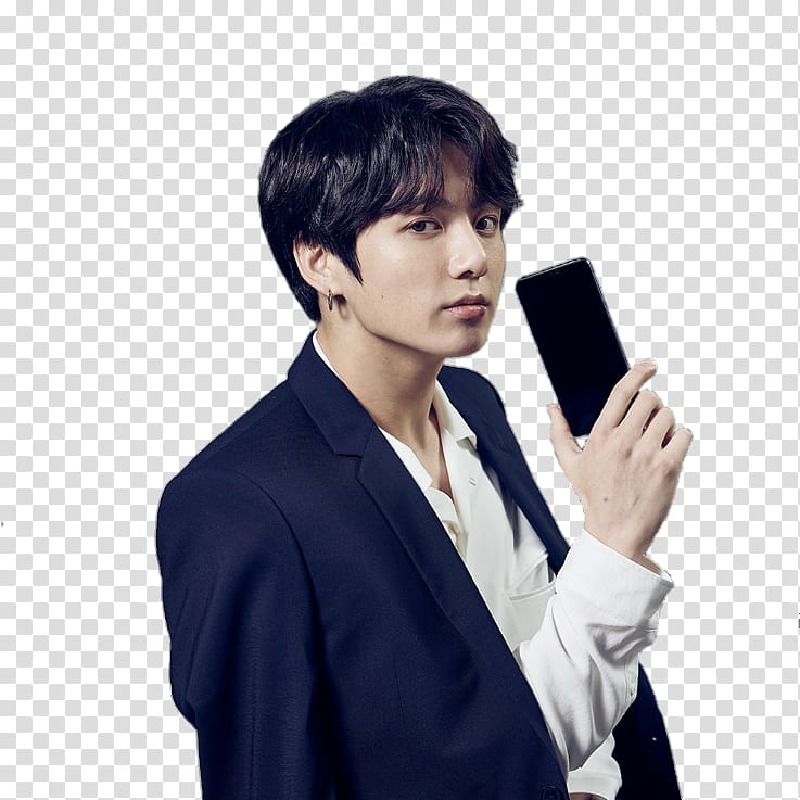 Jungkook LG, man holding black smartphone transparent background PNG clipart