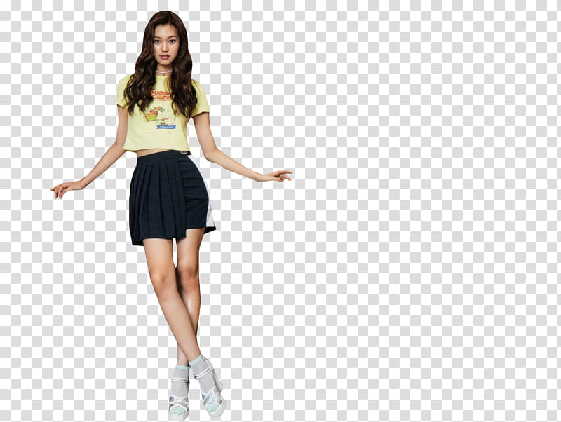 IOI , woman wearing yellow crop top and blue skirt transparent background PNG clipart