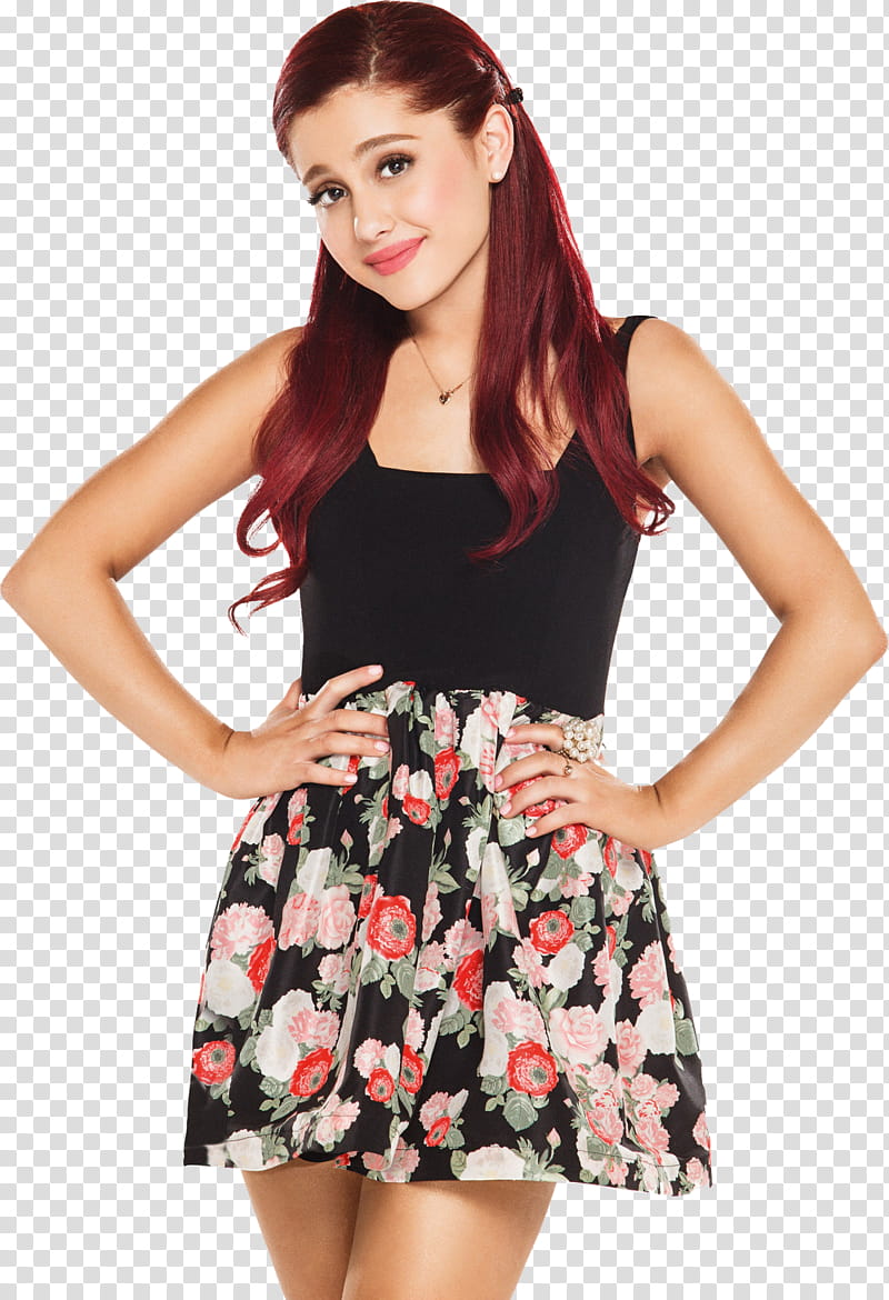 Ariana Grande, woman win black floral dress with her hands on her waist transparent background PNG clipart