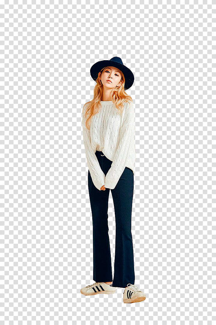 CHAE EUN, standing woman wearing black hat and white sweater transparent background PNG clipart