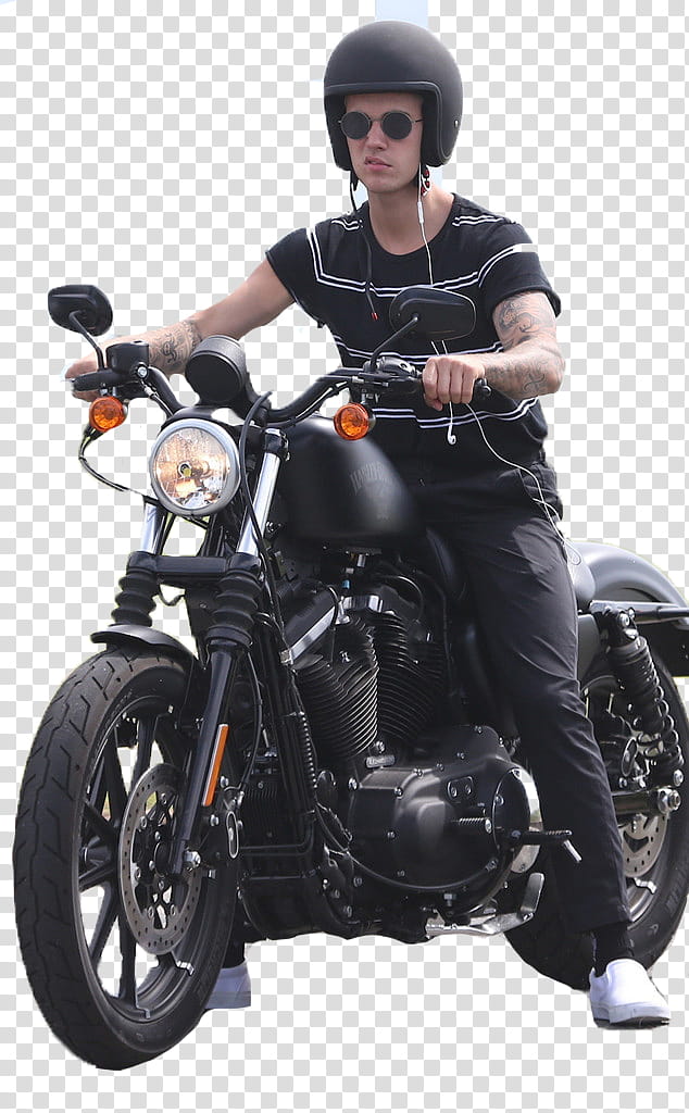 Justin Bieber, man in black shirt and pants riding on motorcycle transparent background PNG clipart