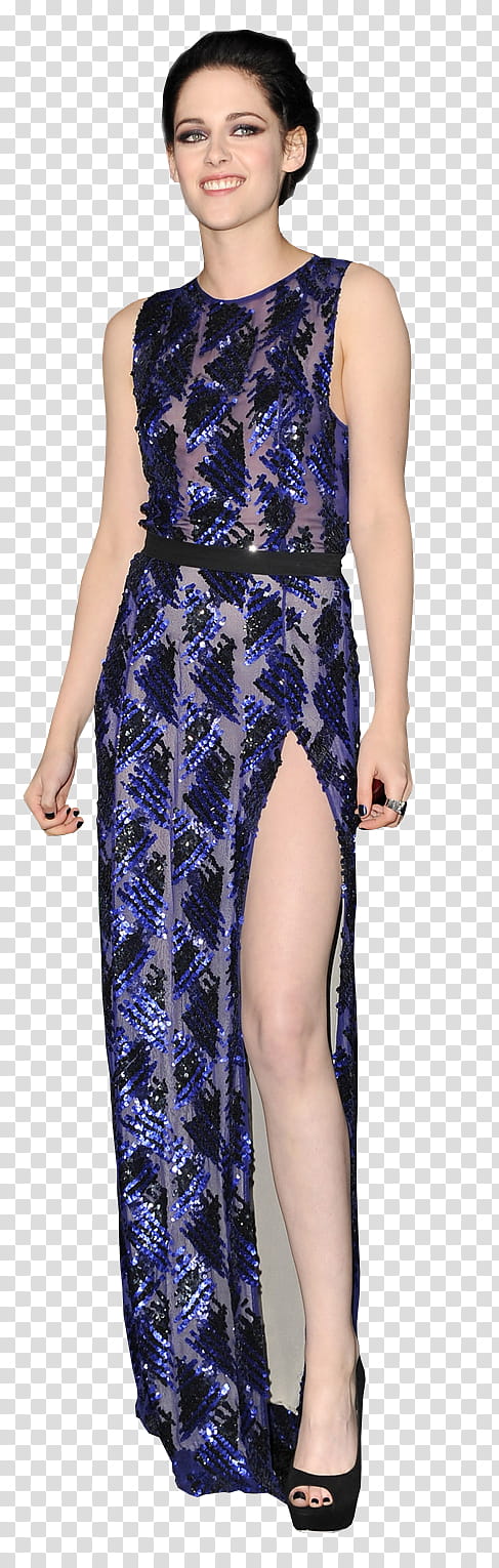 Kristen Stewart, smiling Kirsten Stewart wearing blue and purple sleeveless dress transparent background PNG clipart