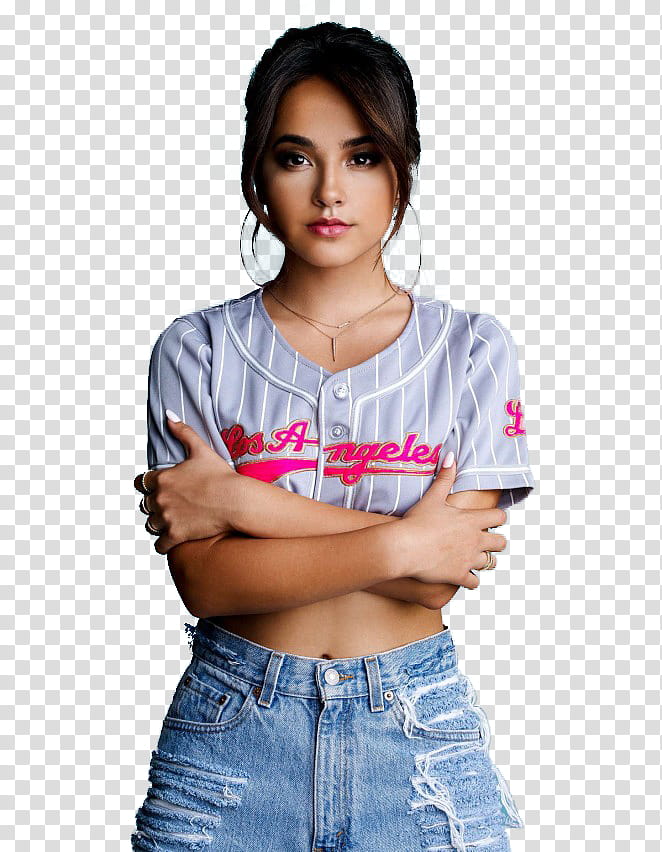BECKY G, woman wearing blue shirt and denim shorts transparent background PNG clipart