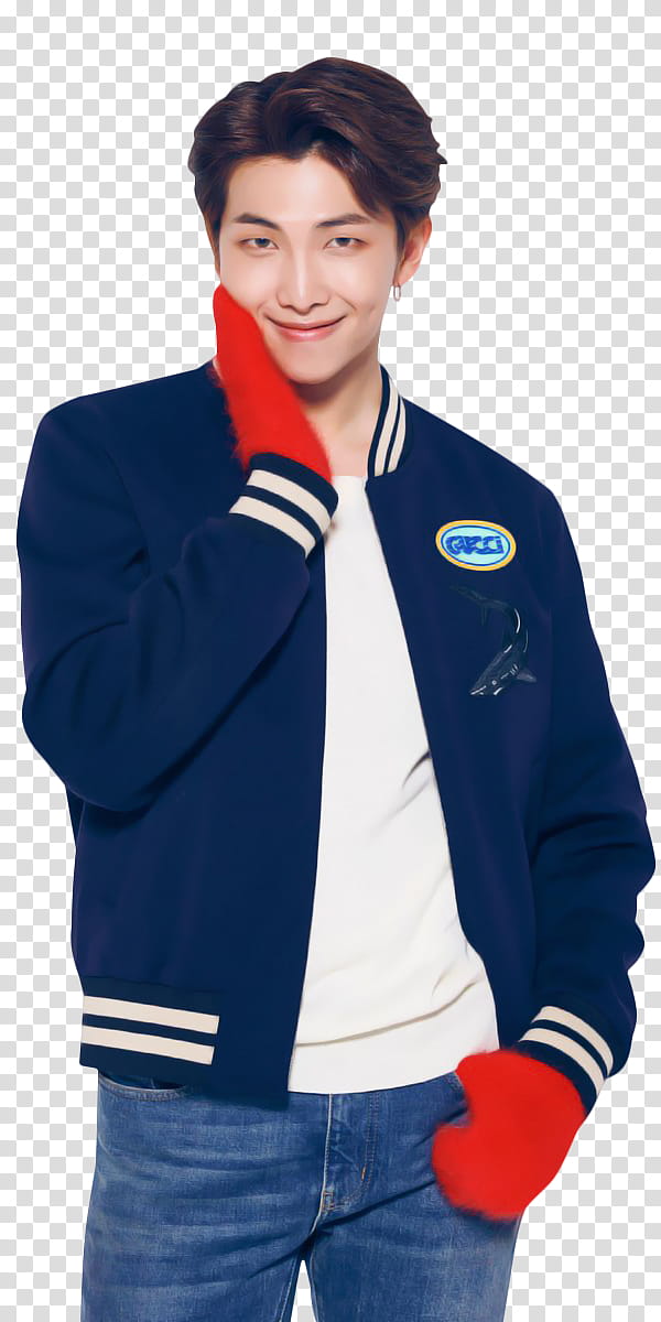 BTS BTS X LG MERRY CHRISTMAS, BTS member in blue jacket and red mittens transparent background PNG clipart